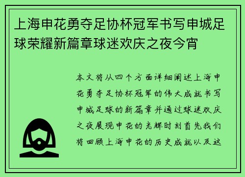 上海申花勇夺足协杯冠军书写申城足球荣耀新篇章球迷欢庆之夜今宵